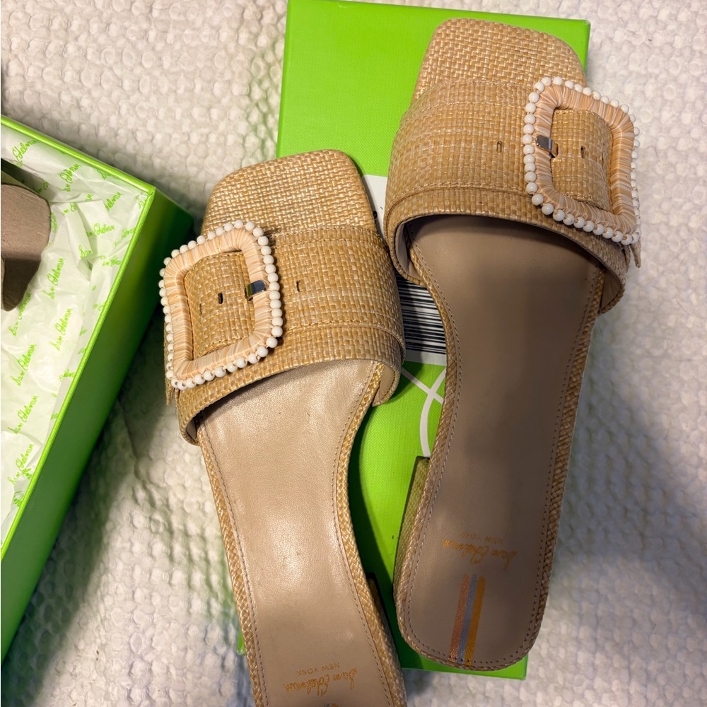 Sam Edelman Tan Raffia Slide Mules with Beaded Square Buckles